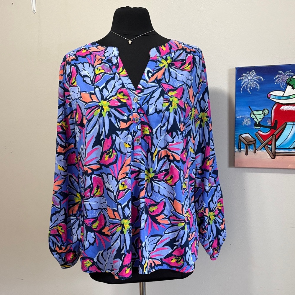 Caribbean Joe Blue Multi Floral Button-Front Blouse